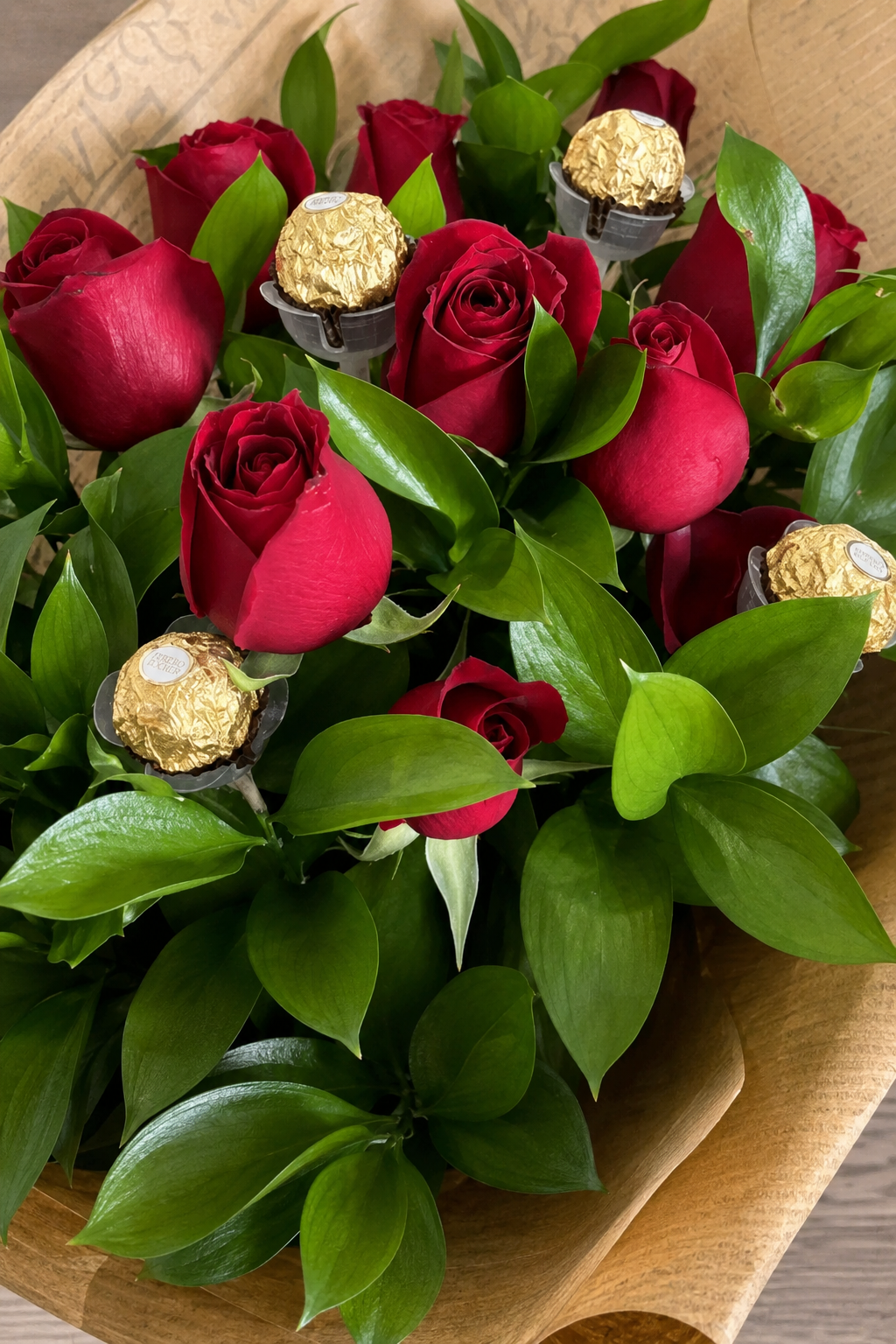 Arranjo de rosas vermelhas com chocolates